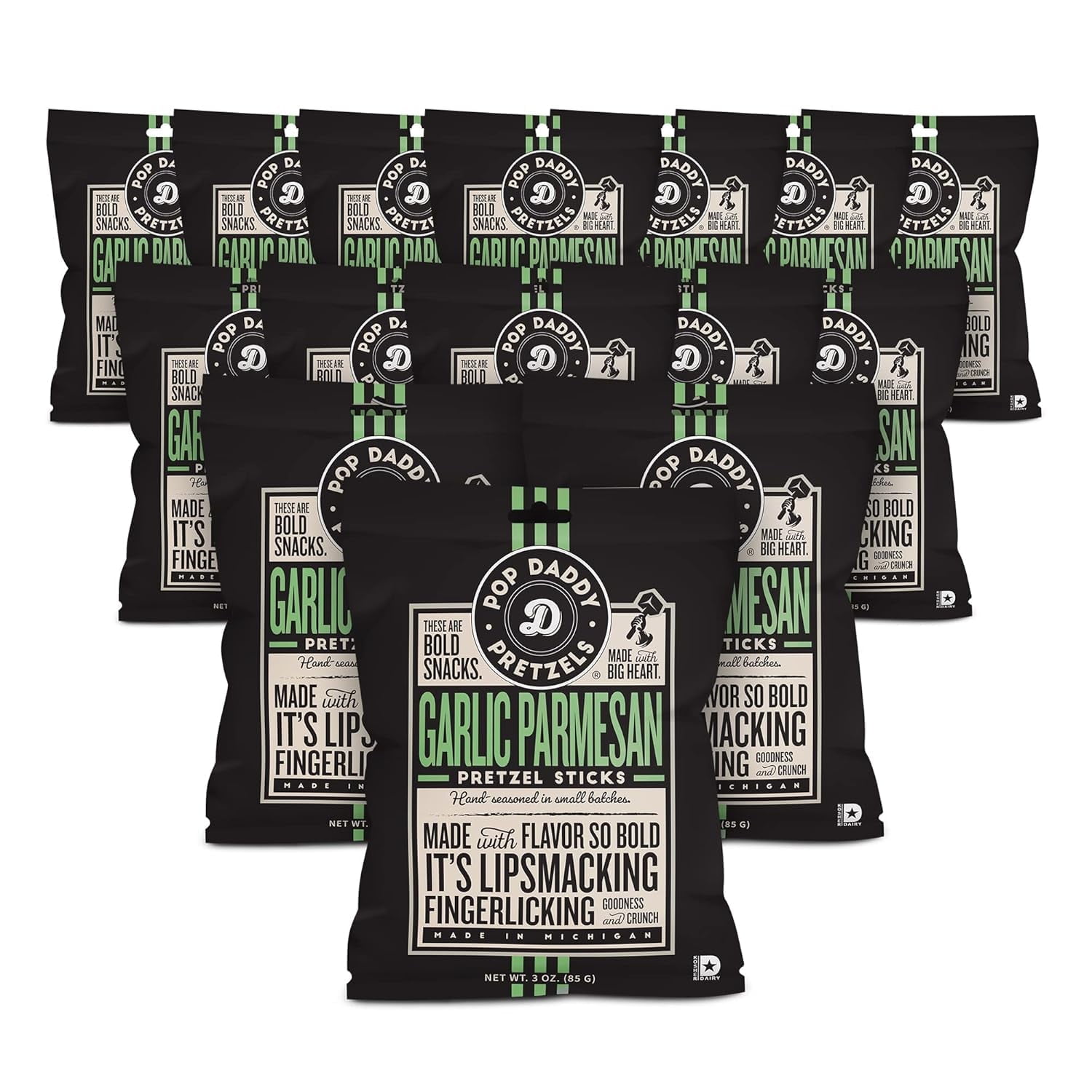 Pop Daddy Flavored Pretzels Sticks, Garlic Parmesan, 3oz Healthy Gourmet Pretzels Snacks, 15 Pack