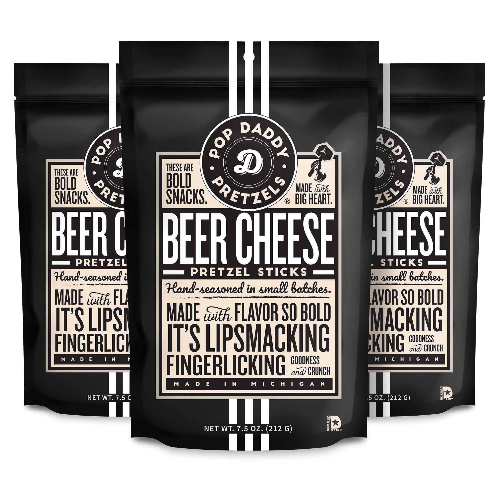 Pop Daddy Flavored Pretzels Sticks, Healthy Gourmet Pretzels Snacks, 7.5oz Individual Bags, 3 Pack, Beer Cheese