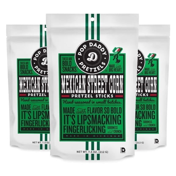 Pop Daddy Flavored Pretzels Sticks, Healthy Gourmet Pretzels Snacks, 7.5oz Individual Bags, 3 Pack, Mexican Street Corn
