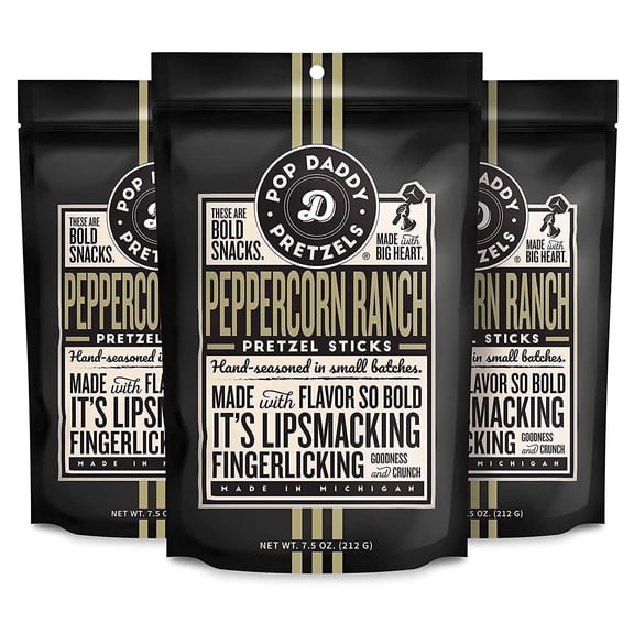 Pop Daddy Flavored Pretzels Sticks, Healthy Gourmet Pretzels Snacks, 7.5oz Individual Bags, 3 Pack, Peppercorn Ranch