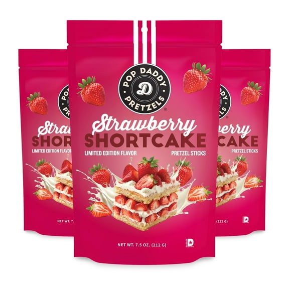 Pop Daddy Flavored Pretzels Sticks, Healthy Gourmet Pretzels Snacks, 7.5oz Individual Bags, 3 Pack, Strawberry Shortcake