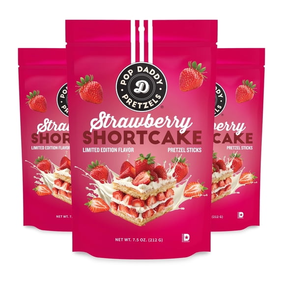 Pop Daddy Flavored Pretzels Sticks, Healthy Gourmet Pretzels Snacks, 7.5oz Individual Bags, 3 Pack, Strawberry Shortcake