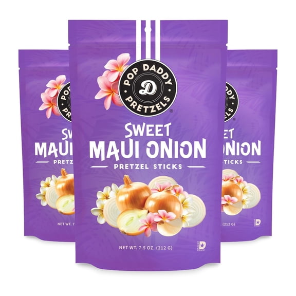 Pop Daddy Flavored Pretzels Sticks, Gourmet Pretzels Snacks, 7.5oz Individual Bags, 3 Pack, Sweet Maui Onion
