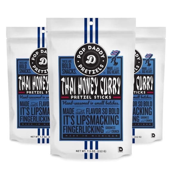 Pop Daddy Flavored Pretzels Sticks, Healthy Gourmet Pretzels Snacks, 7.5oz Individual Bags, 3 Pack, Thai Honey Curry