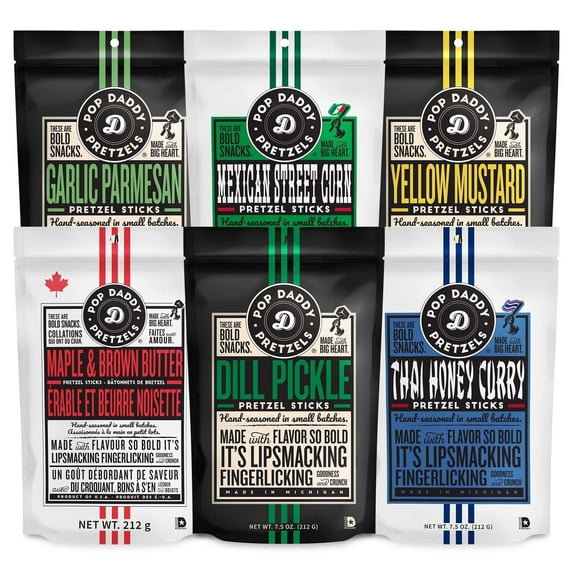 Pop Daddy Flavored Pretzel Sticks, Healthy Gourmet Pretzels, 7.5oz Individual Bags, 6 Pack, Thai Honey Curry, Maple & Brown Butter, Mexican Street Corn, Dill Pickle, Garlic Parmesan, Yellow Mustard