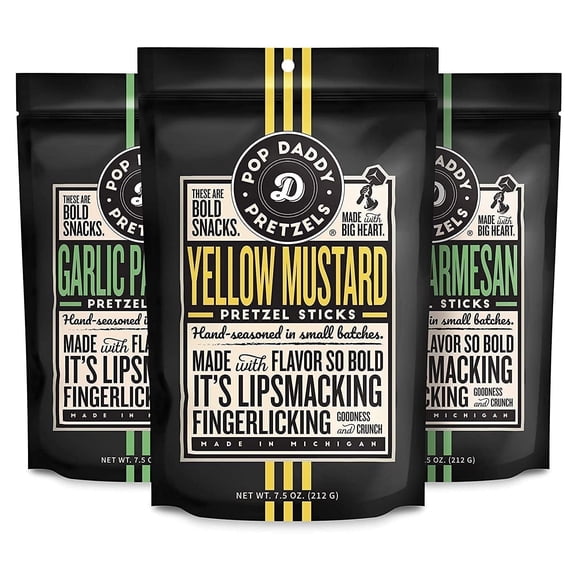 Pop Daddy Flavored Pretzels Sticks, Healthy Gourmet Pretzels, 7.5oz Variety Pack, 3 Pack, Garlic Parmesan (2) and Yellow Mustard (1)