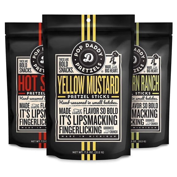Pop Daddy Variety, 7.5oz Bold Flavored Pretzel Sticks 3 Pack- Hot Sauce (1), Peppercorn ranch(1) and Yellow Mustard(1)