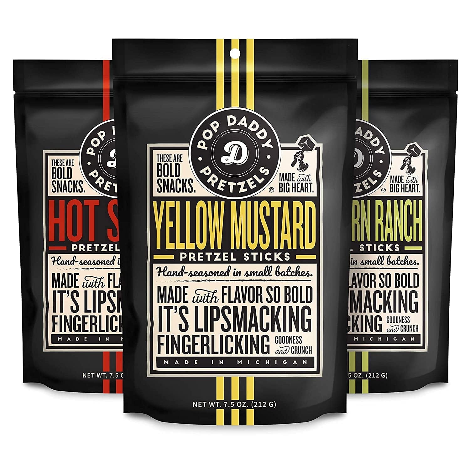 Pop Daddy Flavored Pretzels Sticks, Healthy Gourmet Pretzels, 7.5oz Variety Pack, 3 Pack, Hot Sauce, Peppercorn Ranch and Yellow Mustard