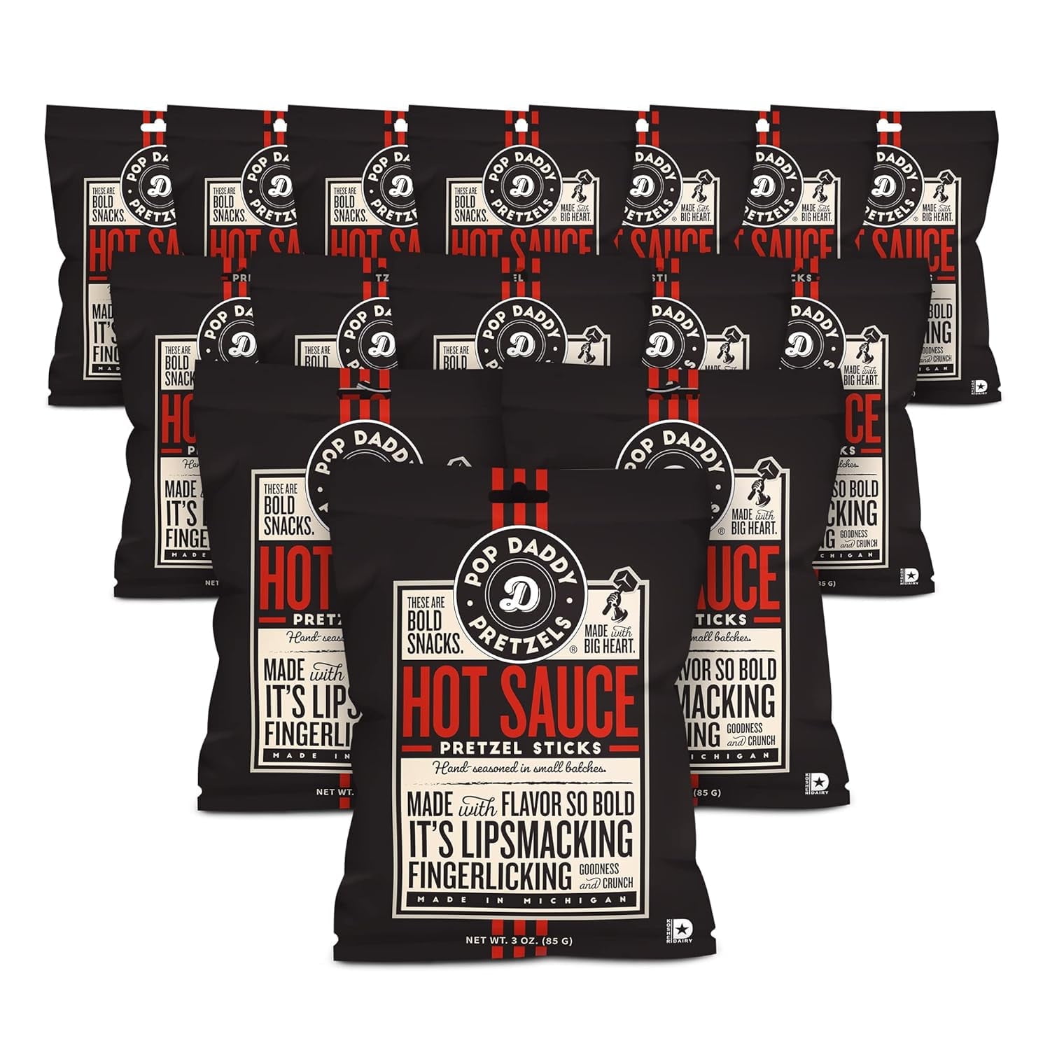 Pop Daddy Flavored Pretzels Sticks, Hot Sauce Flavor, 3oz Healthy Gourmet Pretzels Snacks, 15 Pack