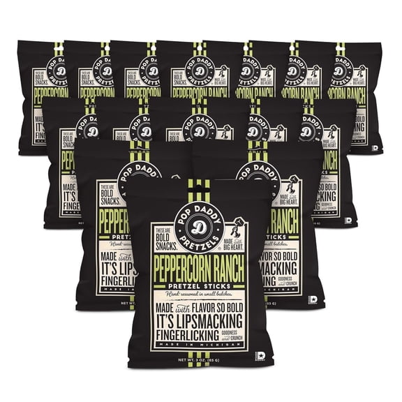 Pop Daddy Flavored Pretzels Sticks, Peppercorn Ranch Flavor, 3oz Healthy Gourmet Pretzels Snacks, 15 Pack