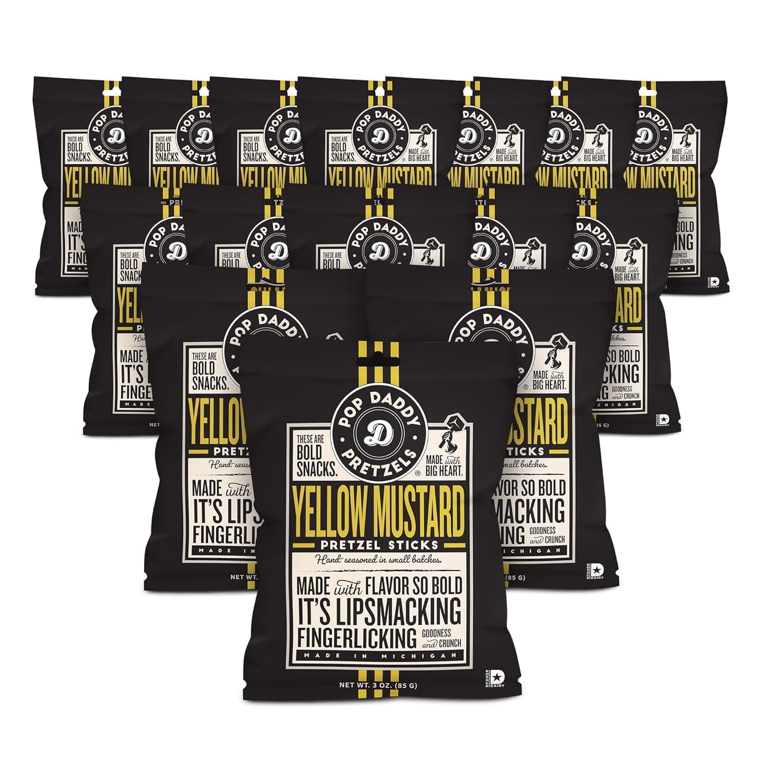 Pop Daddy Flavored Pretzels Sticks, Yellow Mustard Flavor, 3oz Healthy Gourmet Pretzels Snacks, 15 Pack
