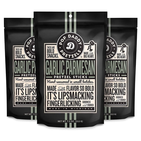 Pop Daddy Flavored Pretzels Sticks, Healthy Gourmet Pretzels Snacks, 7.5oz Individual Bags, 3 Pack, Garlic Parmesan