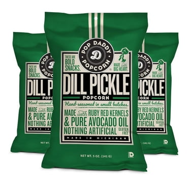 Pop Daddy Flavored Popcorn Gourmet, Dill Pickle Flavor Popped Popcorn, Hand Seasoned Ruby Red Kernels, Gluten Free Healthy Popcorn Snacks, 5oz Individual Bags, 3 Pack