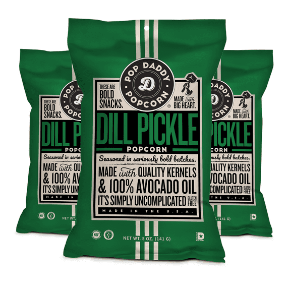 Pop Daddy Flavored Popcorn Gourmet, Dill Pickle Flavor Popped Popcorn, Hand Seasoned Kernels, Gluten Free Healthy Popcorn Snacks, 5oz Individual Bags, 3 Pack