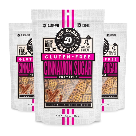 Pop Daddy Gluten Free Pretzels, Gourmet Flavored Pretzels, 7.5oz Individual Bags, 3 Pack, Cinnamon Sugar