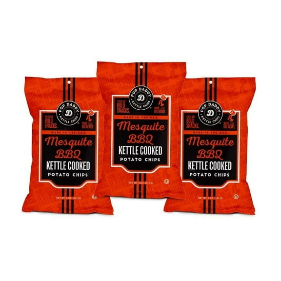 Pop Daddy Kettle Cooked Potato Chips, Kosher & Gluten, 5oz Potato Chips Individual Bags, 3 Pack, Mesquite BBQ