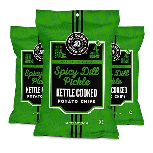 Pop Daddy Kettle Cooked Potato Chips, Kosher & Gluten Free, 5oz Potato Chips Individual Bags, 3 Pack, Spicy Dill Pickle