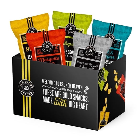 Pop Daddy Kettle Cooked Potato Chips, Kosher & Gluten Free, 5oz Potato Chips Individual Bags, 5 Pack, Jalapeno, Salt & Vinegar, Mesquite BBQ, Cracked Pepper, Original