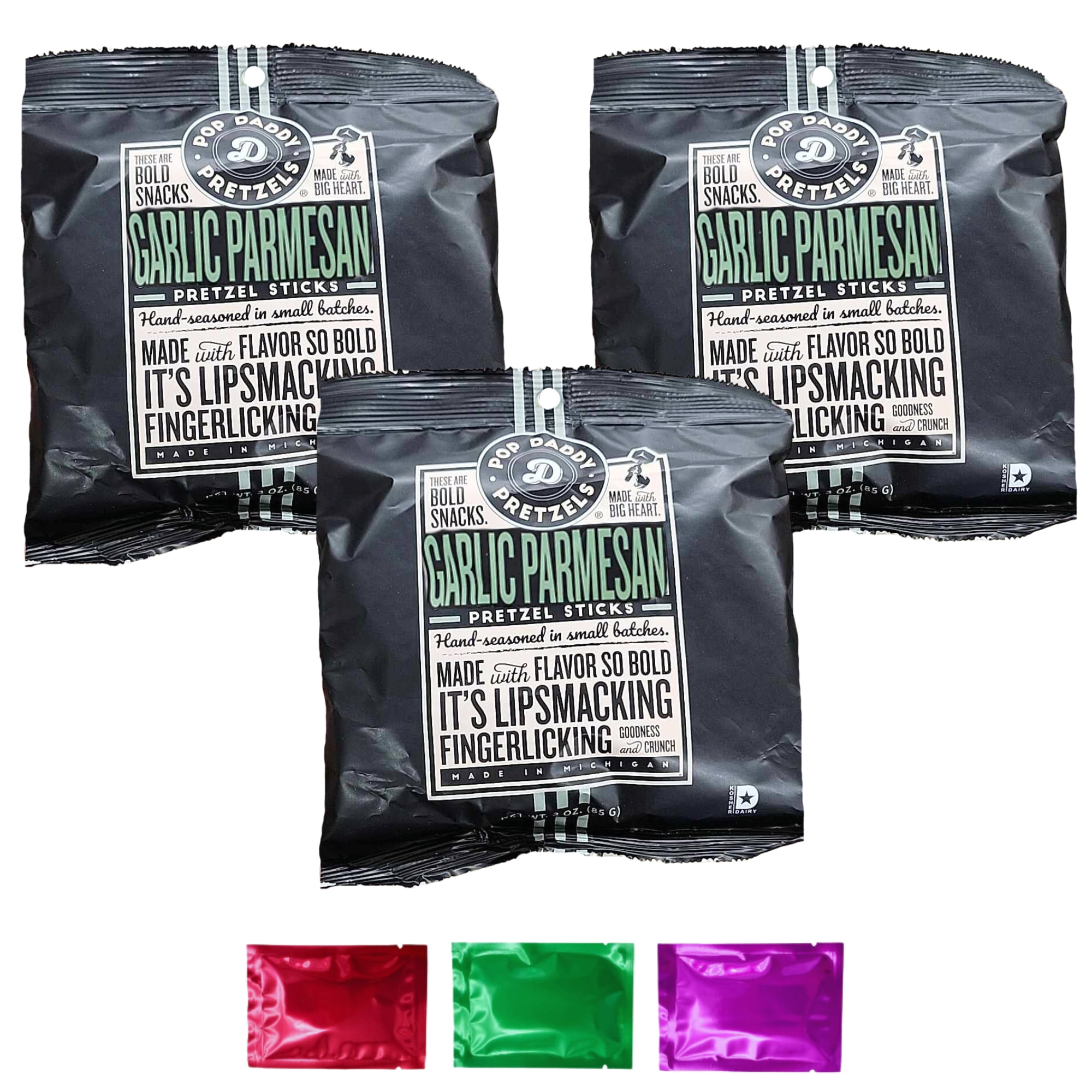 Pop Daddy Pretzels Garlic Parmesan Sticks - Gluten-Free Bold Gourmet Snacks, Healthy and Individually Packed for Lunchboxes Stocking Stuffers Treats, 3 oz Pack of 3 w/Bonus Snoep in Beperkte Oplage