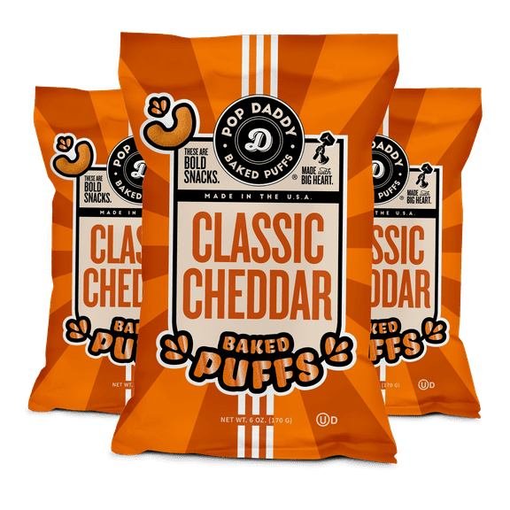 Pop Daddy Classic Cheddar Baked Puffs, 6oz Cheese Puffs Snacks, Gluten-Free Friendly and Kosher, 3 Pack