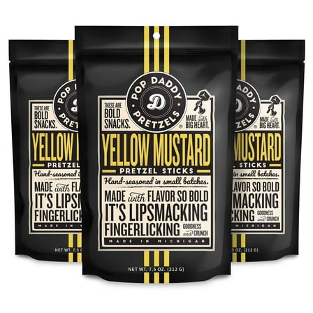 Pop Daddy Flavored Pretzels Sticks, Healthy Gourmet Pretzels Snacks, 7.5oz Individual Bags, 3 Pack, Yellow Mustard