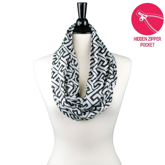 Pop Fashion Women's Infinity Scarf with Hidden Zipper Pocket & Pattern Print Greek Key (Black)