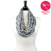 Pop Fashion Womens Infinity Scarf with Hidden Zipper Pocket & Pattern Print Greek Key Black