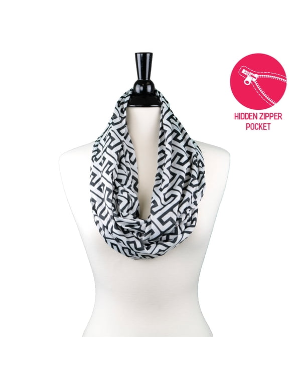 Women's Infinity Scarf with Hidden Zipper Pocket & Pattern Print Greek Key (Black)