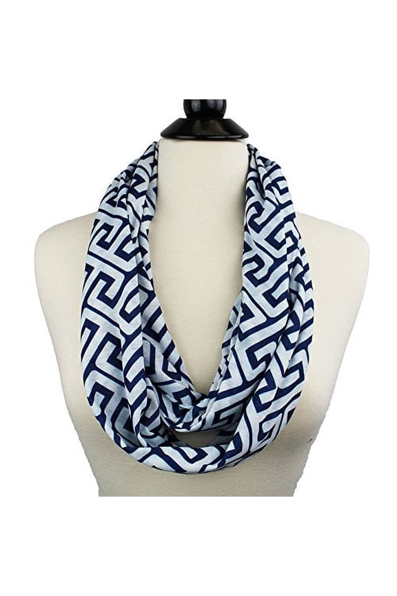 Women's Infinity Scarf with Hidden Zipper Pocket & Pattern Print Greek Key (Navy)