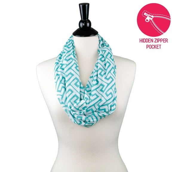 Pop Fashion Women's Infinity Scarf with Hidden Zipper Pocket & Pattern Print Greek Key (Teal)