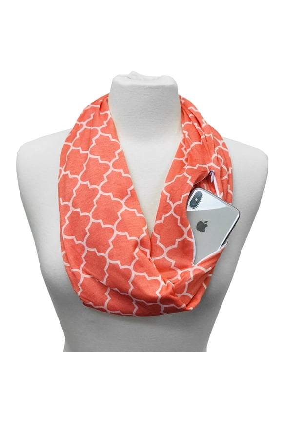 Women's Infinity Scarf with Hidden Zipper Pocket & Pattern Print Quatrefoil (Coral)