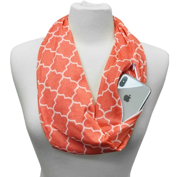 Pop Fashion Women's Infinity Scarf with Hidden Zipper Pocket & Pattern Print Quatrefoil (Coral)