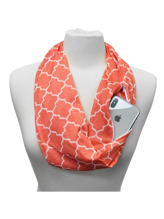 Women's Infinity Scarf with Hidden Zipper Pocket & Pattern Print Quatrefoil (Coral)
