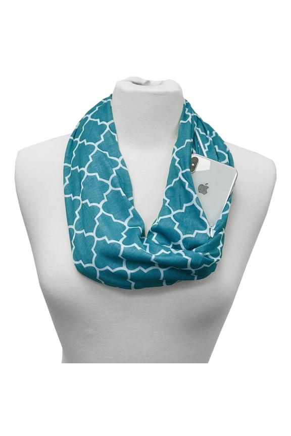 Women's Infinity Scarf with Hidden Zipper Pocket & Pattern Print Quatrefoil (Teal)
