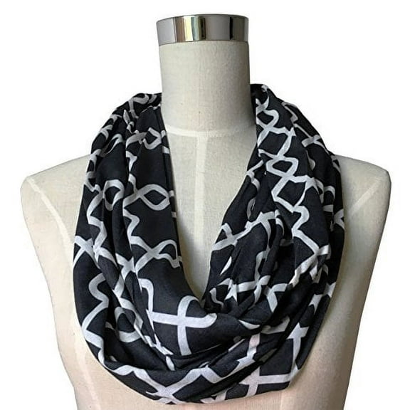 Pop Fashion Women's Scarf with Zipper Pocket & Pattern Print Interlocking Chain Square (Black)