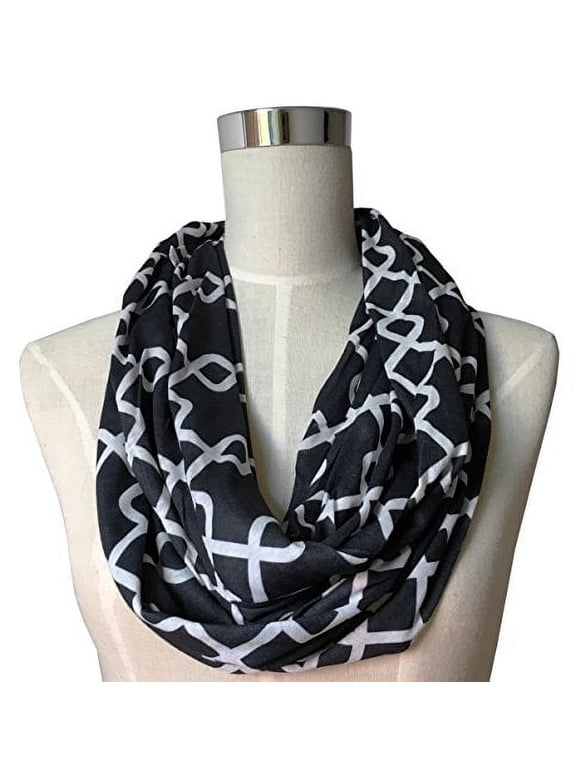 Women's Scarf with Zipper Pocket & Pattern Print Interlocking Chain Square (Black)