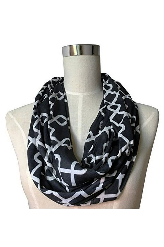 Women's Scarf with Zipper Pocket & Pattern Print Interlocking Chain Square (Black)