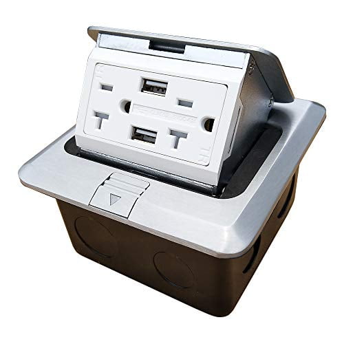 Pop Up Floor Electrical Outlet Kitchen Countertop Waterproof Sockets Pop Out Receptacle Stainless Steel Box Silver Cover with USB Chargers$$Tools & Hardware Other