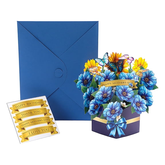 Pop Up Flower Bouquet Card, Pop Up Flower Cards, 8X10 In, Fresh Cut Paper Flower Pop-Up Bouquet Greeting Cards, Greeting Card Envelopes, I Love You Banner, Gold Foil, 1 Pc