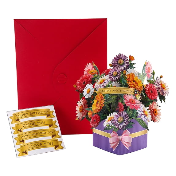 Pop Up Flower Bouquet Card, Pop Up Flower Cards, 8X10 In, Fresh Cut Paper Flower Pop-Up Bouquet Greeting Cards, Greeting Card Envelopes, I Love You Banner, Pink Thank You, Gold