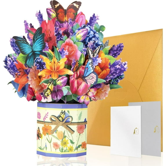 Pop Up Flower Card, 9 inch Lily Roses Butterflies Flower Forever Flower Paper 3D Popup Cards with Note Cards and Envelope for Birthday, Mother's Day, Get Well, Holiday Decorations