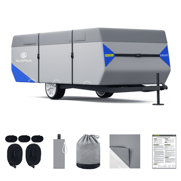 Pop Up Folding Camper Cover Fits 8'-10' Trailers, Anti-Tear 7 Layers Top 3 Layers Side Tent Trailer Cover, Waterproof Pop Up Folding Trailer Cover with Windproof Strap, Superior RV Covers