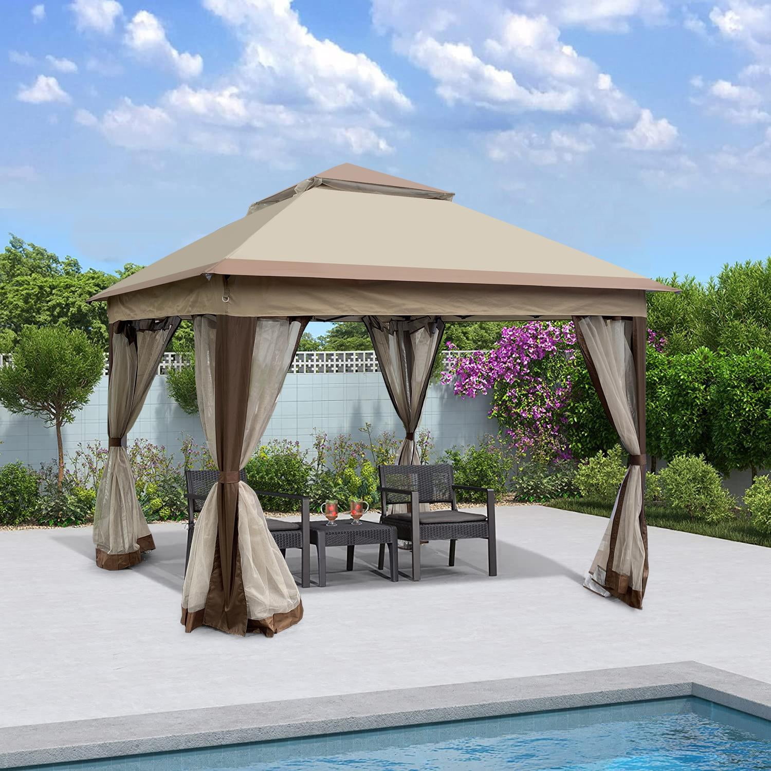 Pop Up Gazebo Canopy 11x11 Ft, Outdoor Event Tent with Removable Zipper Netting, 2-Tier Soft Top Shelter for Patio, Garden, Camping, Instant Setup, Coffee