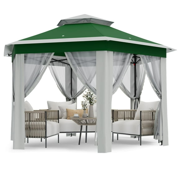 Pop Up Gazebo, Hexagonal Outdoor Canopy Shelter, Adjustable Height, Instant Patio Gazebo Sun Shade Canopy Tent with Mesh Netting for Lawn, Garden, Backyard & Deck