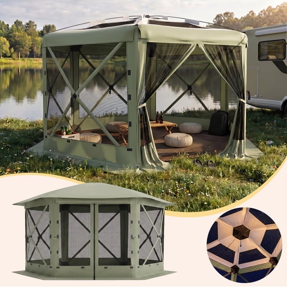 Pop Up Gazebo Screen Tent 13 x 13 ft, Large 6-Sided Camping Canopy Tent with Carry Bag & Quick Set Bite Proof Screen House Sun Shelter for 8 to 10 Persons Backyard Patio Green&Light Grey