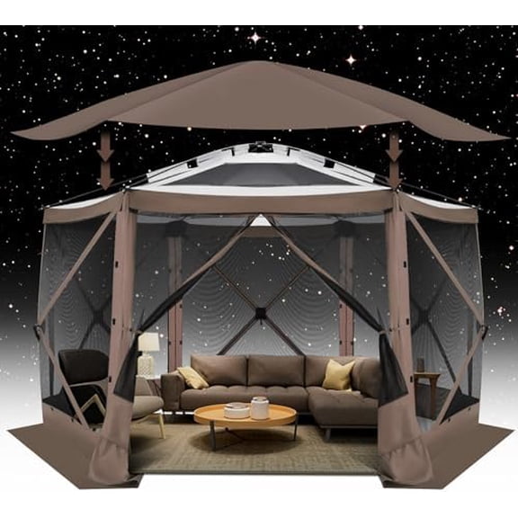Pop Up Gazebo Screen Tent Screen House for Camping, 12x12 Screen Room with Mosquito Netting, Hub Tent Instant Screened Canopy with Carrying Bag and Ground Stakes, Brown$$Garden & Patio