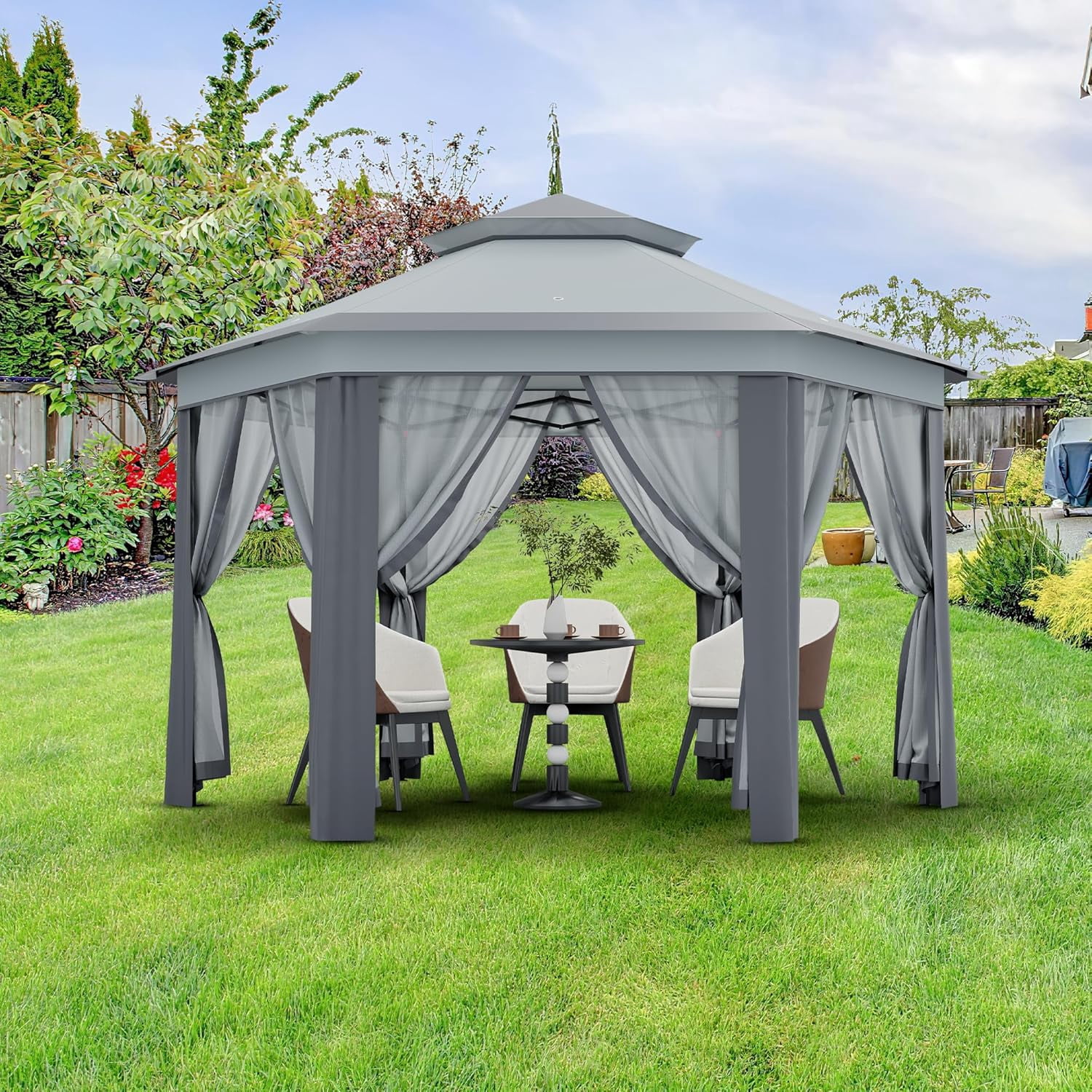 Pop Up Gazebos 13x13ft, Hexagonal Outdoor Canopy Shelter, Instant Patio Gazebo Tent with Mesh Netting and Strong Steel Frame for Patio Backyard Garden Wedding Party