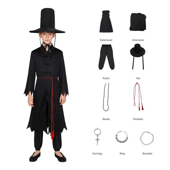 Pop Idol Black Performance Cosplay Costume Set, 9-Piece Outfit with Jacket Top Leather Pants Hat and Red Accessories for Stage Cosplay