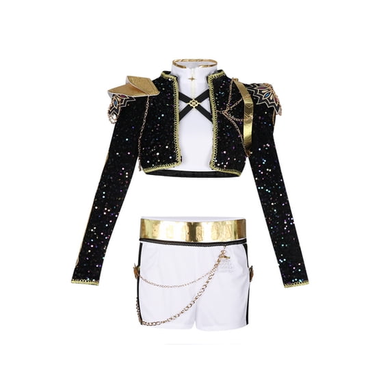 Pop Idol Halloween Costumes for Women, Fantasy Singer Group Cosplay Costume Black Outfit with 2 Pairs Earrings Waistband, for Halloween Carnival