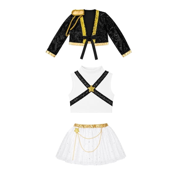Pop Idol Singer Cosplay Costume Outfit 3 Piece Set Sequin Jacket Inner Top Sparkle Skirt for Halloween Stage Performance, 150